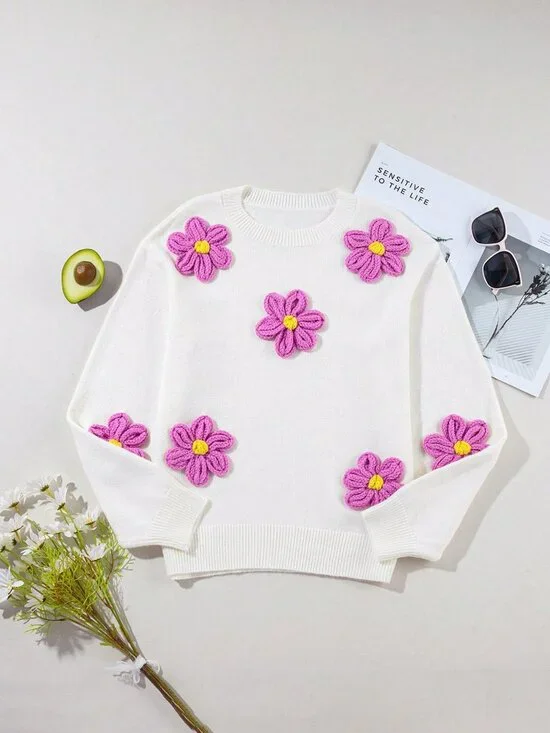White Casual Women's Cute Elegant Floral Long Sleeve Crew Neck Sweater - Picture 5 of 7